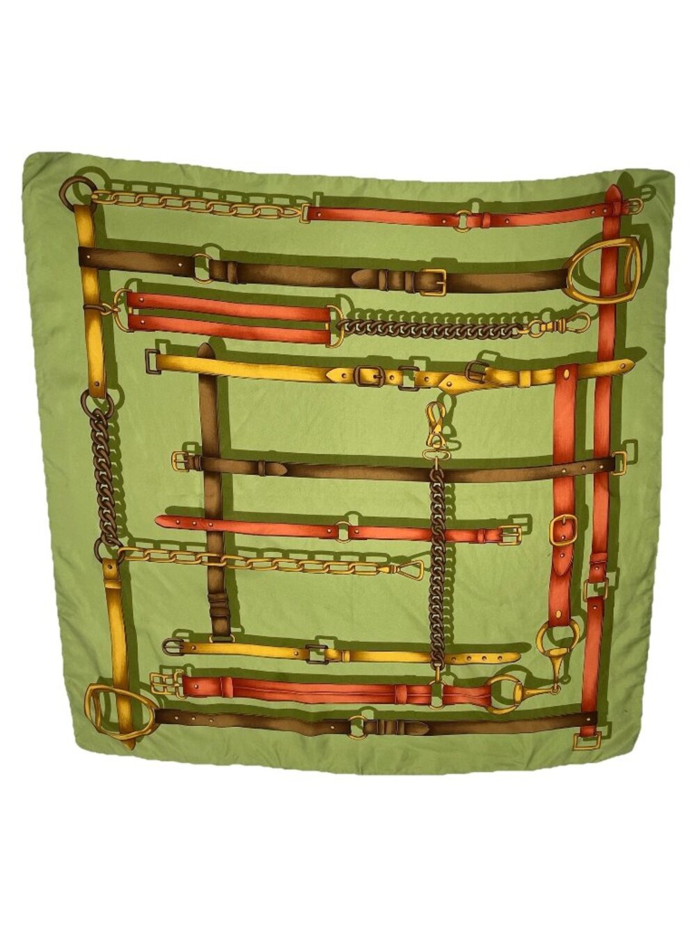 ISA Green Silk Scarf Equestrian Horse But Belt Print Square Designer Style